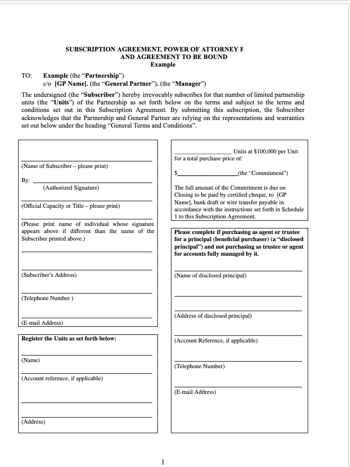 Subscription Agreement Page 1 - Subscriber Information